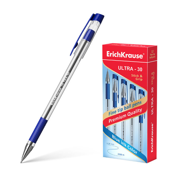 Ручка шариковая масляная ERICH KRAUSE Ultra L-30 синяя резиновый манжет арт. 19613 (линия письма 0.26 мм)