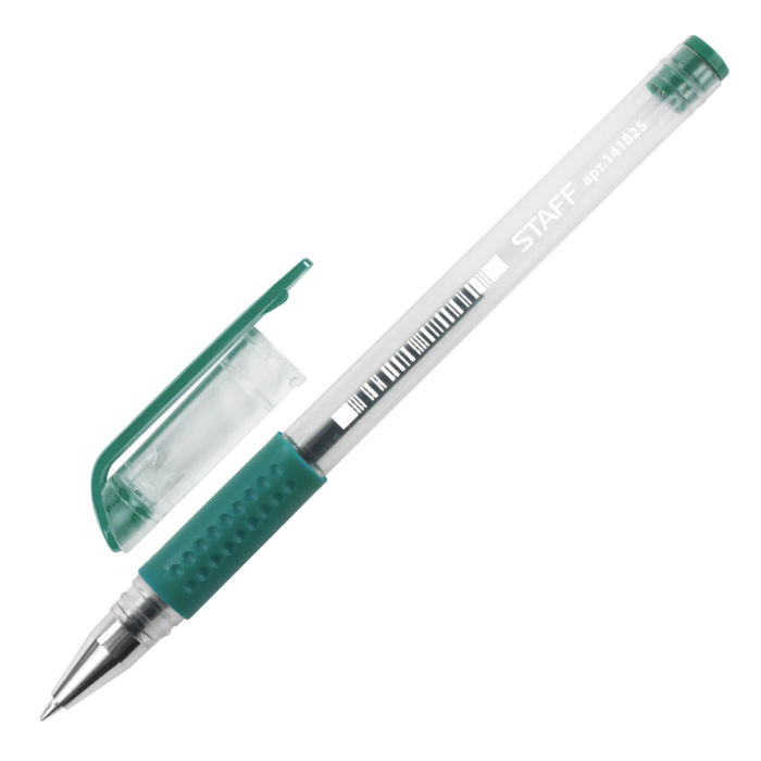 Ручка гелевая с грипом STAFF зелёная, корпус прозрачный, узел 0,5 мм, линия письма 0,35 мм, 141825
