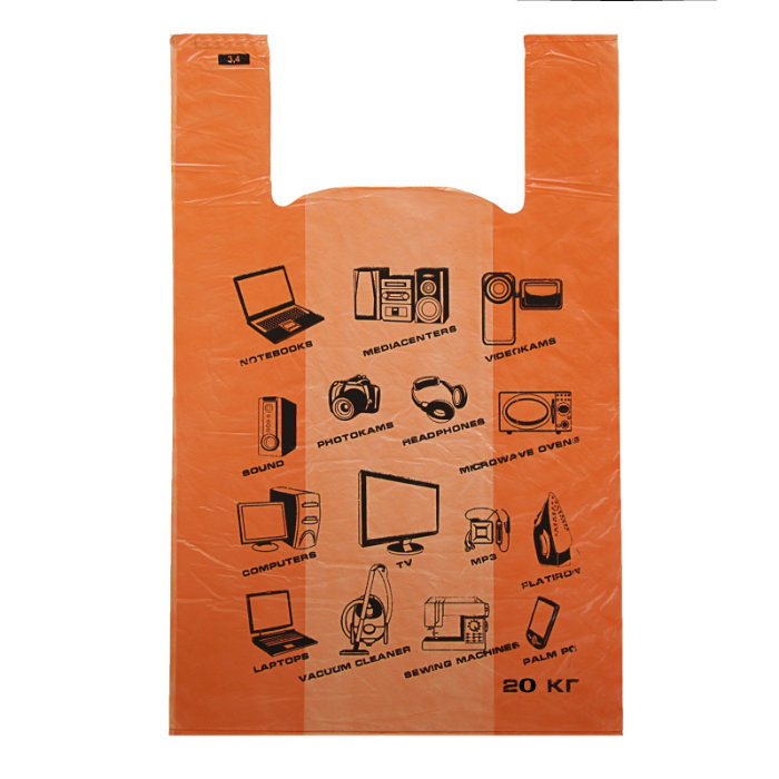Пакет "майка" ПНД "Электрон" 20 кг оранжевый, 18 мкм, 30х55 см, 50 штук в упаковке