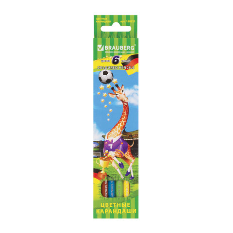 Карандаши цветные BRAUBERG "Football match", 6 цветов, заточенные, картонная упаковка, 180521