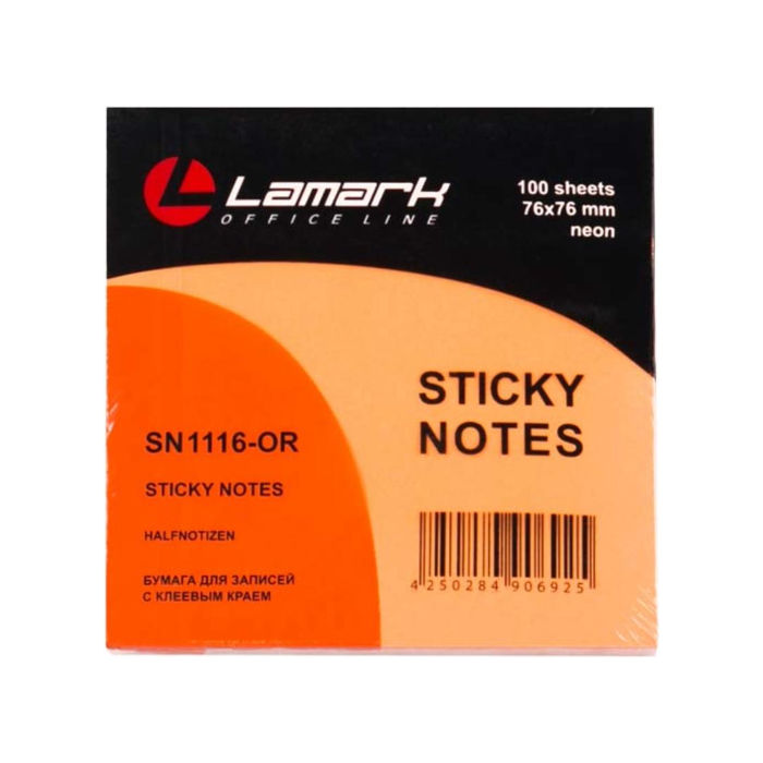 Бумага для заметок (стикер) 76х76 100л неон оранжевая Lamark SN1116-OR